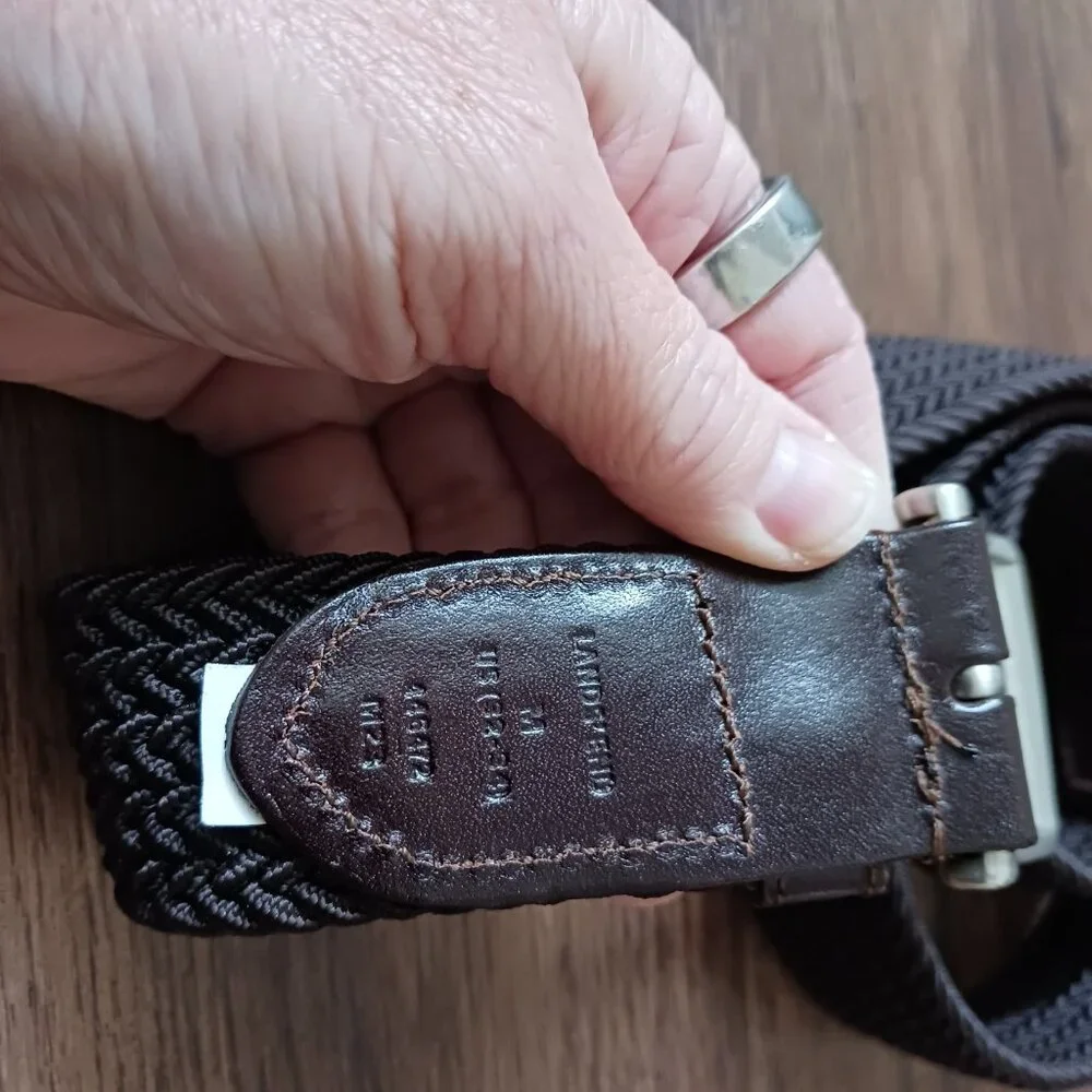 Lands End Brown Woven Braid Elastic Belt‎ W/ Brown Leather Men's Medium 32-34